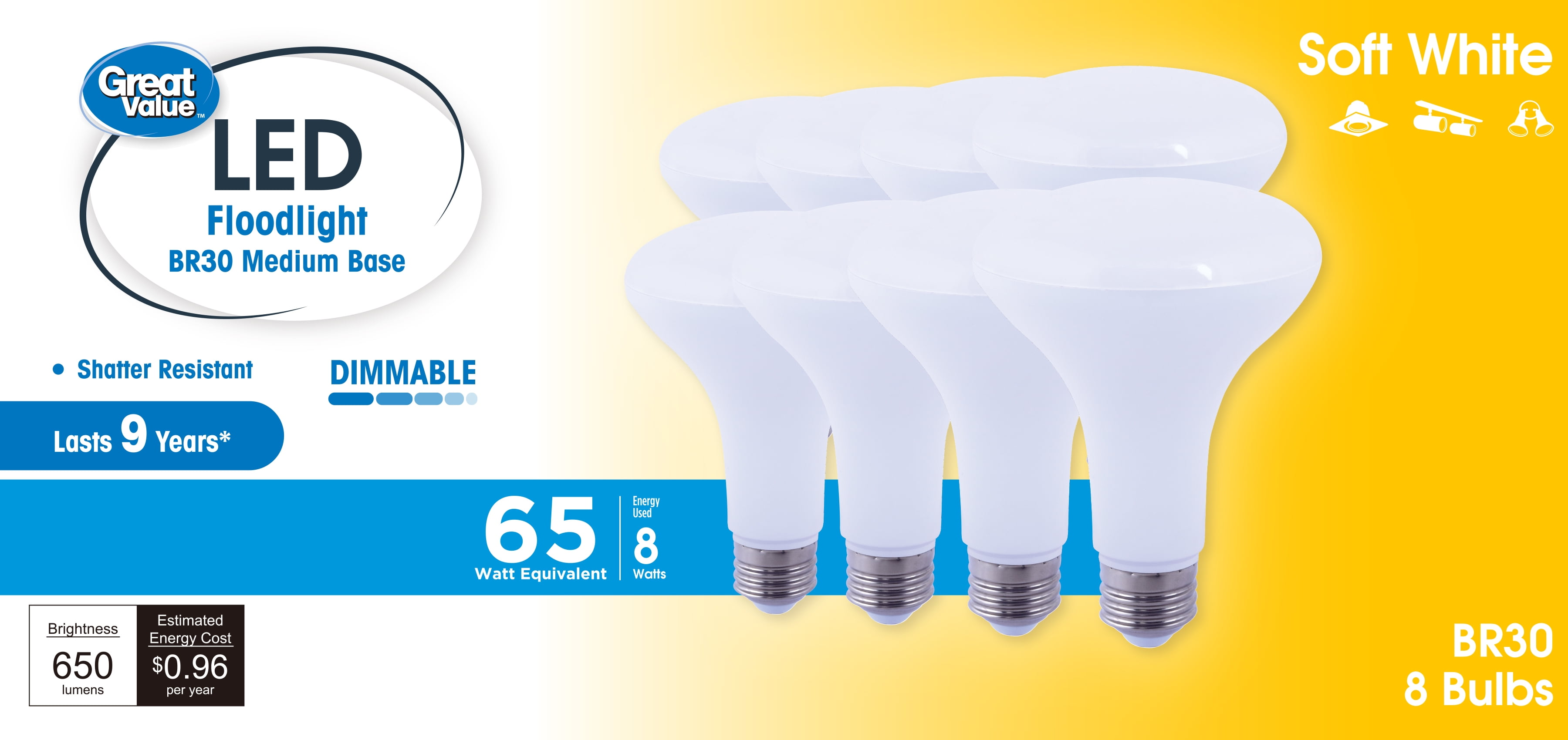 Great Value BR30 LED 8W (65W Equivalent) Soft White Floodlight E26 Medium Base Light Bulbs, Dimmable, 8 Pack