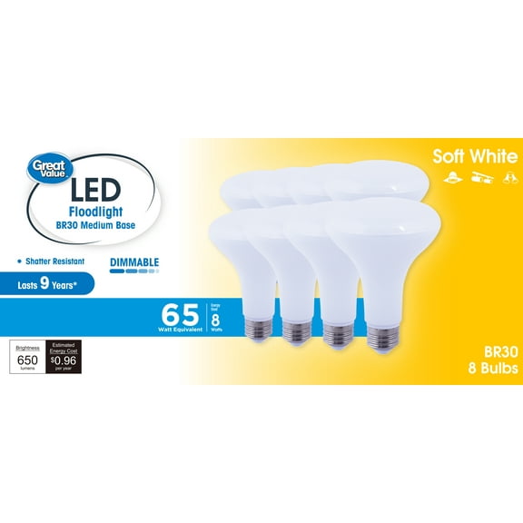 Great Value BR30 LED 8W (65W Equivalent) Soft White Floodlight E26 Medium Base Light Bulbs, Dimmable, 8 Pack