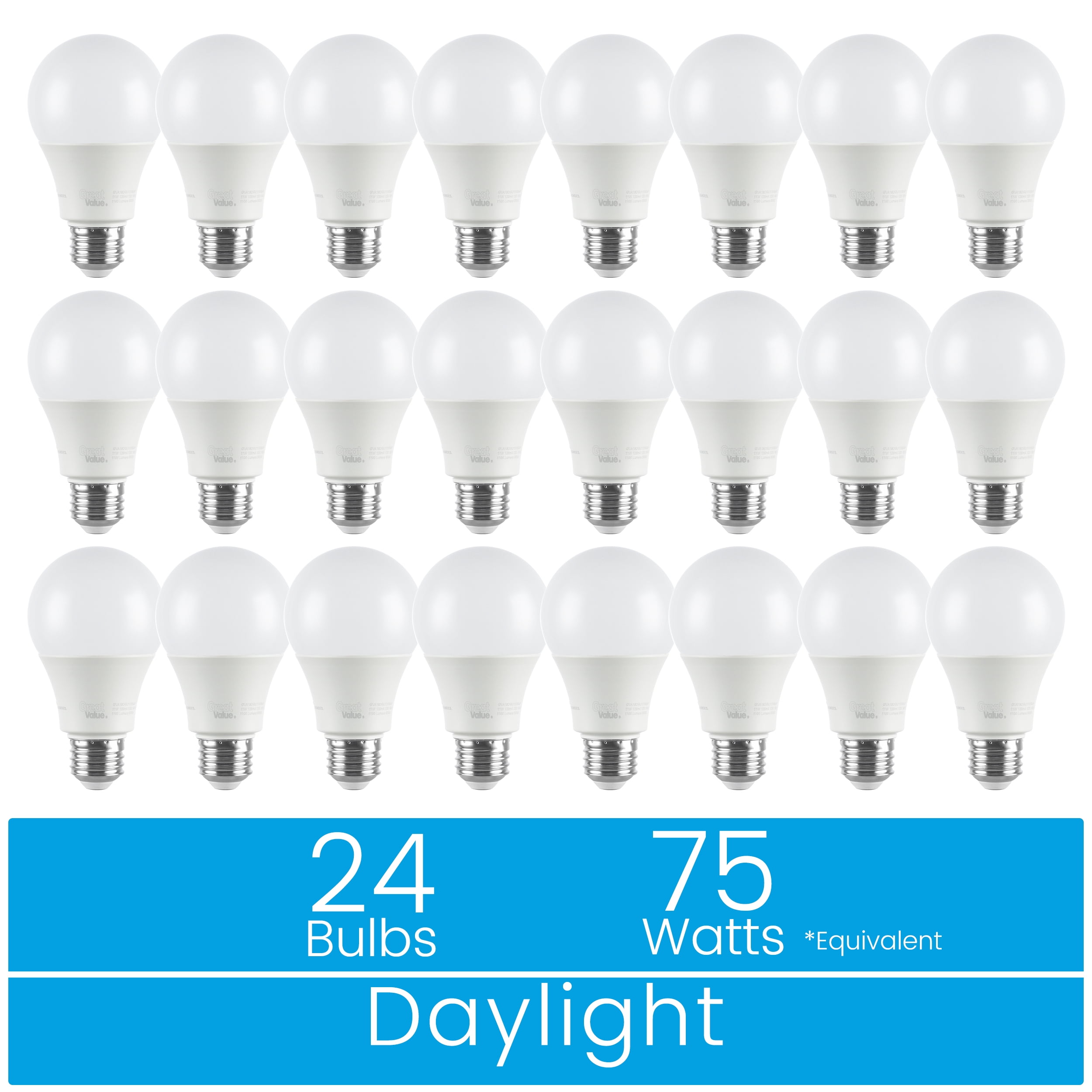 Great Value 18YR A19 LED Light Bulb, 11W, 75W Equivalent, Dimmable Daylight, E26 Medium Base, 24 Pack