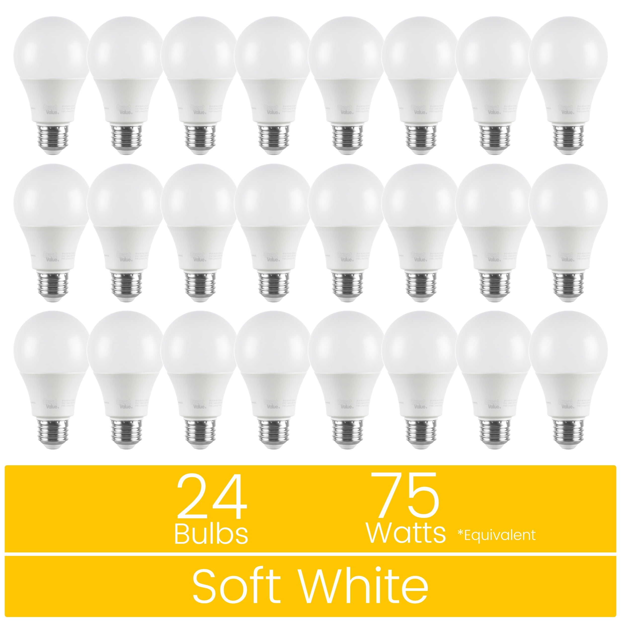 Great Value 18YR A19 LED Light Bulb, 11W (75W Equivalent) Dimmable Soft White E26 Medium Base, 24 Pack
