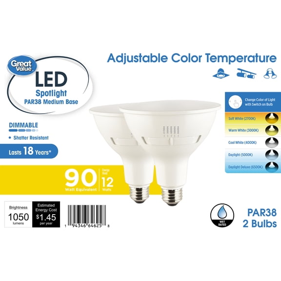 Great Value PAR38 LED Flood Light Bulbs, 12-Watt (90W Equivalent), 5ACT Selectable CCT, Dimmable, E26 (2Pack)