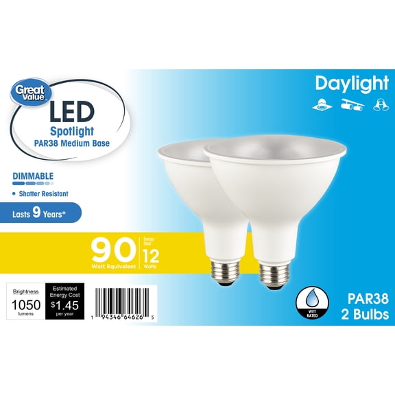 Great Value PAR38 LED Flood Light Bulbs, 12-Watt (90W Equivalent), Daylight White, Dimmable, E26 (2Pack)