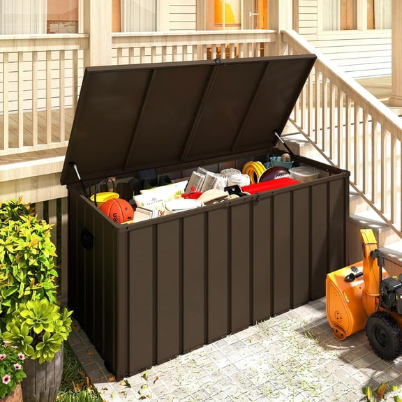 GVCXZBSS 200 Gallon Metal Deck Box - Waterproof Outdoor Storage with Lock - Brown