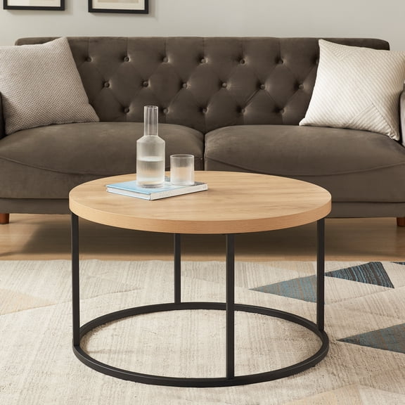 Dokea 31.5" Round Coffee Table - Natural Oak Wood Circle Table with Metal Legs - Coffee Tables