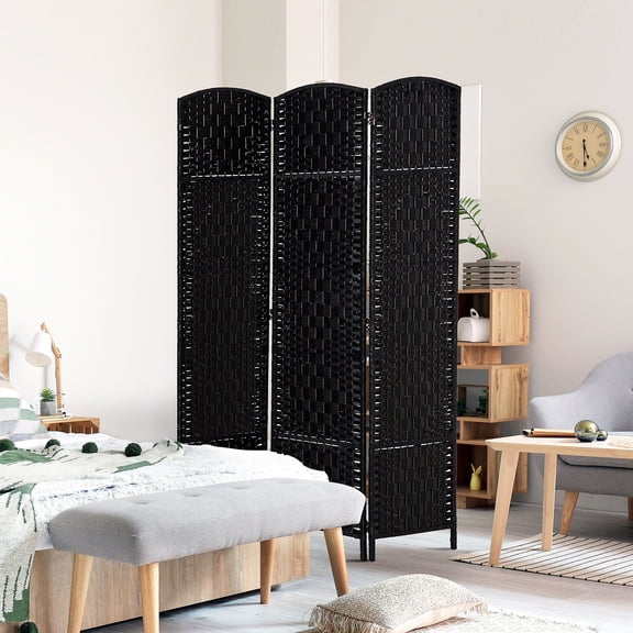 GVCXZBSS 6 Foot Wicker Room Divider - 3 Panel Black Rattan Privacy Screen with Poplar Wood Frame