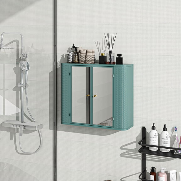 Dokea Army Green Bathroom Cabinet with Mirror - 2 Doors & Shelf Storage - Garage Storage Cabinet