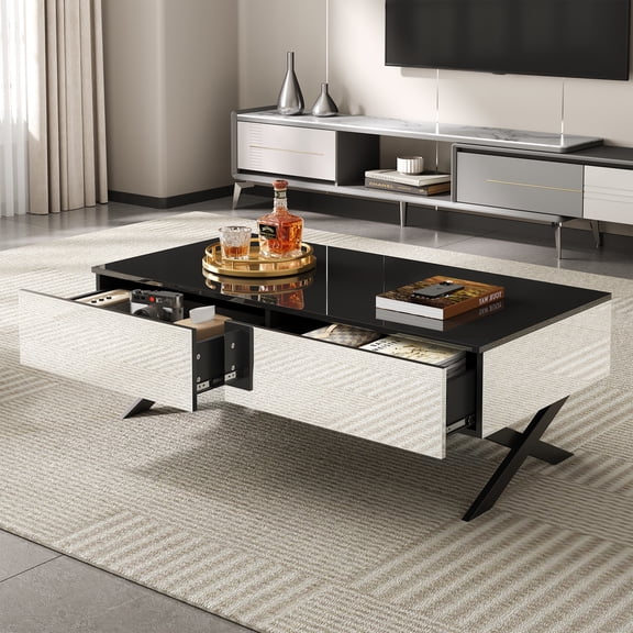 Dokea Black High Gloss Mirror Coffee Table with Storage - Piece - Coffee Tables