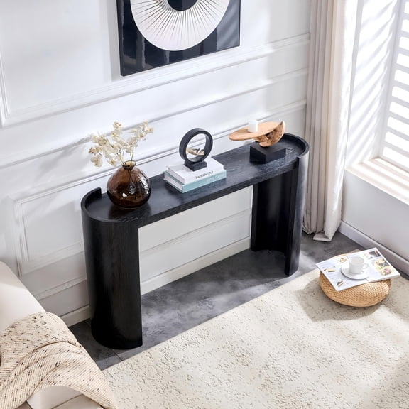 GVCXZBSS Black Wood Grain Foyer Table - Small Curved Sofa Side Table 30