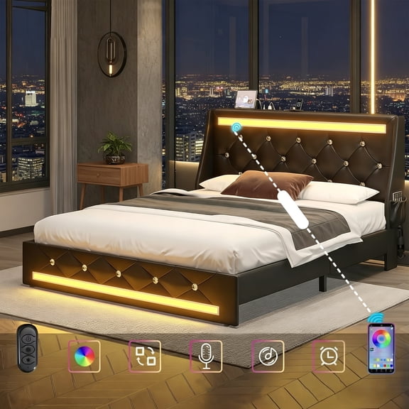 GVCXZBSS Full Size Bed Frame - LED Lights, Upholstered Platform Bed, Black