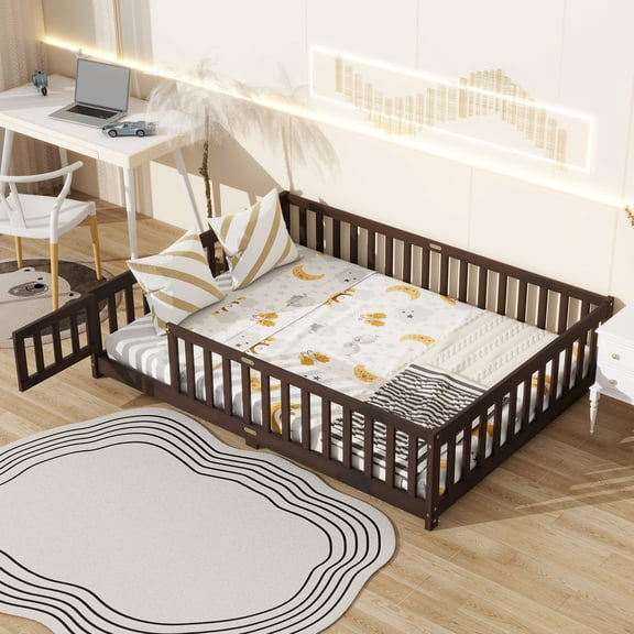 GVCXZBSS Full Size Floor Bed with Fence, Espresso