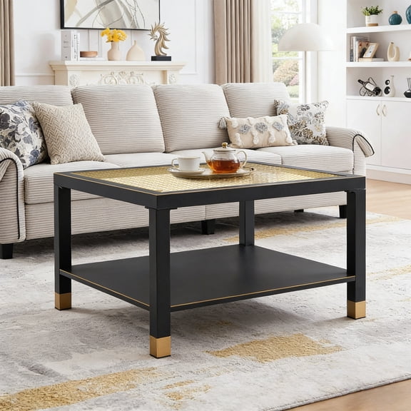 GVCXZBSS Industrial Square Coffee Table - 27.6" Matte Black Steel Frame, Gold Mesh Glass Top - Coffee Tables