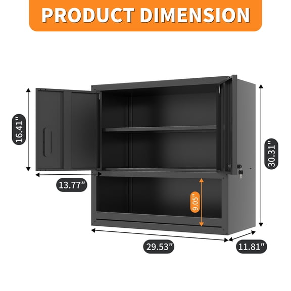 GVCXZBSS Black Metal Wall Tool Cabinet - 1 Shelf, 1 Drawer Storage Solution with Locking Doors Ideal for Garage, Workshop & Office Use