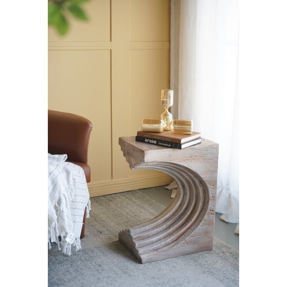 GVCXZBSS Modern Sculptural Side Table - Faux Travertine 16.3x12.2x22.6" - End Tables