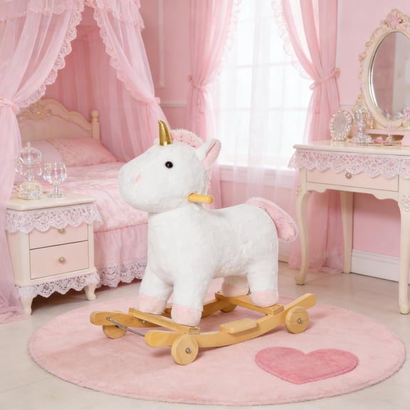 GVCXZBSS Rolling Unicorn Kids Rocking Toy White Plush Wood Ride-On for Toddlers, 3-6 Years