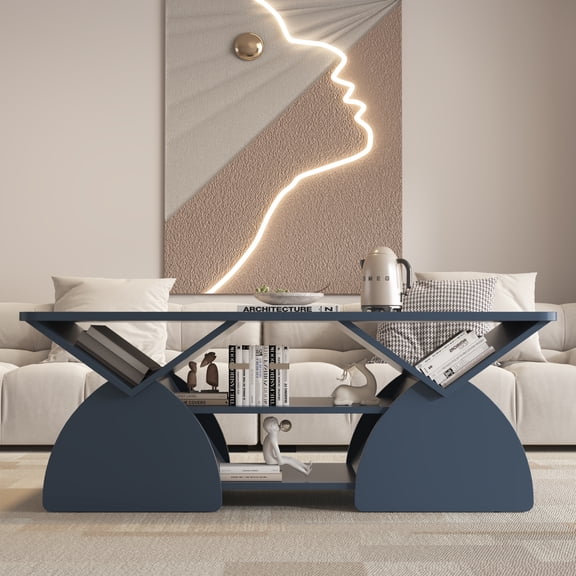 GVCXZBSS Rounded Corner Blue Geometric Coffee Table - Storage Shelf Unit 6 Storage Areas