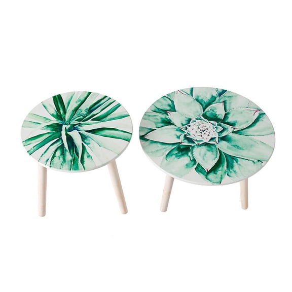GVCXZBSS S/2 Side Tables - 2 Piece MDF Succulent Patterned Decor Tables - 14 & 15.7 - Living Room Accent Furniture