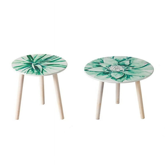 GVCXZBSS S/2 Side Tables - 2 Piece MDF Succulent Patterned Decor Tables - 14 & 15.7 - Living Room Accent Furniture