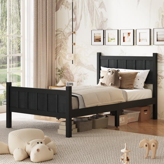 GVCXZBSS Twin Size Flat Panel Bed with Headboard  Black