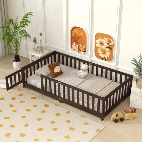 GVCXZBSS Twin Size Floor Bed with Fence Espresso