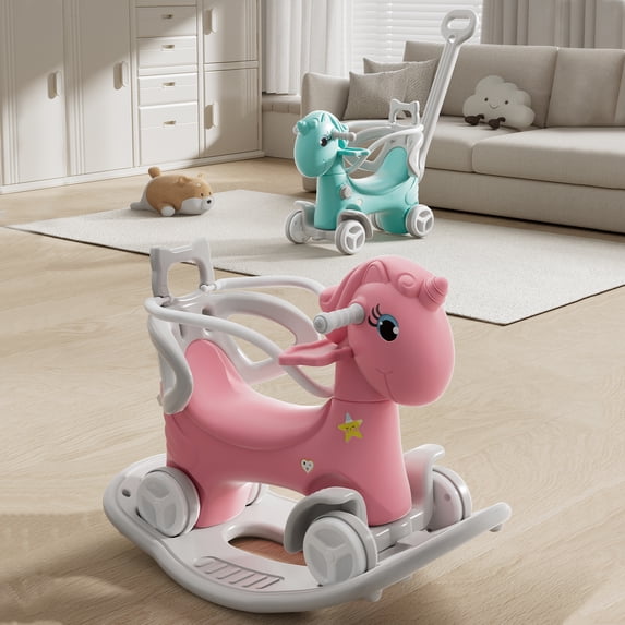 GVCXZBSS Unicorn Rocking Horse Pink Toddler Balance Bike Ride On Toy 4 Wheels