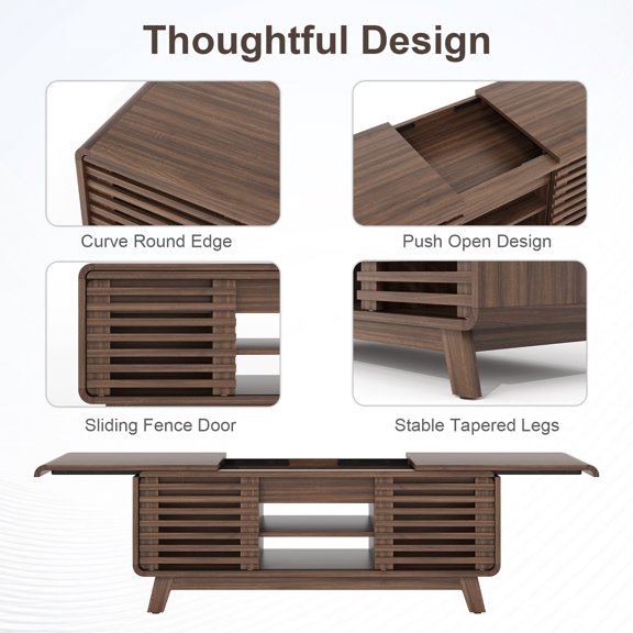 GVCXZBSS Walnut Mid-Century Coffee Table - 47 Sliding Storage Center Table