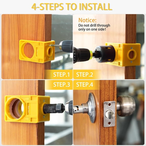 GVDCC-1-3/8" - 1-3/4" Door Lock Installation Kit Door Hole Drilling Kit for Wooden Doors, Hole Saw Kit with Guide Template Jig Hole Saw Pilot Bits (Yellow)