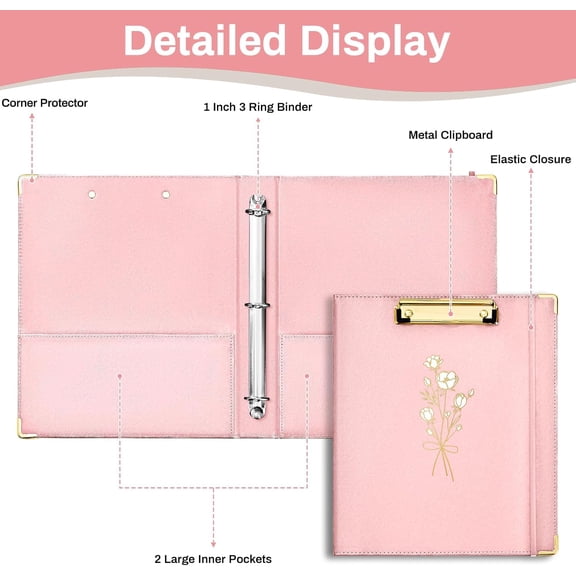 GVDCC-1 Inch 3 Ring Binder with Clipboard Leather Round Ring Binder with 5 Dividers, Plastic Folder, 400 Divider Stikers, Fits 175 Sheets 8.5"x11" Letter Size Paper