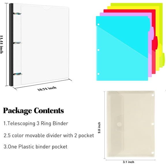 GVDCC-1 Inch 3-Ring Telescoping Project Organizer Binder, 13 Pocket, Customizable Front Cover, 5 Color Dividers, Plastic Pocket, 225 Sheet Capacity-White