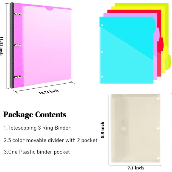 GVDCC-1 Inch 3-Ring Telescoping Project Organizer Binder,13 Pocket, Customizable Front Cover, 5 Colors Pocket Divider and Plastic Binder Pocket225 Sheet Capacity-Pink