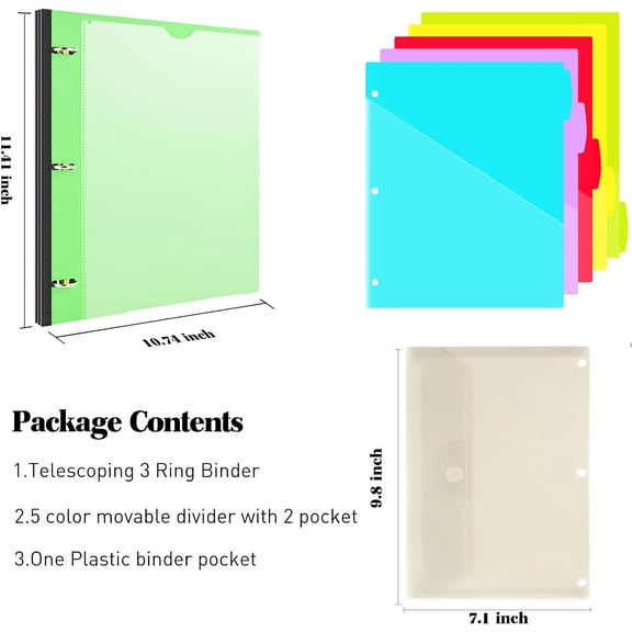 GVDCC-1 Inch 3-Ring Telescoping Project Organizer Binder,13 Pocket, Customizable Front Cover, 5 Colors Pocket Divider and Plastic Binder Pocket225 Sheet Capacity-Green