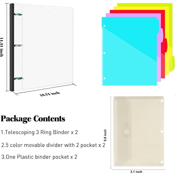 GVDCC-1 Inch 3-Ring Telescoping Project Organizer Binder-2PCS,13 Pocket, Customizable Front Cover, 5 Colors Pocket Divider and Plastic Binder Pocket225 Sheet Capacity-White