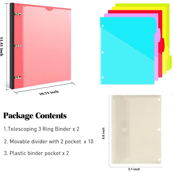 GVDCC-1 Inch Telescoping Project Organizer Binder-2PCS,13 Pocket, Customizable Front Cover, 5 Colors Pocket Divider and Plastic Binder Pocket225 Sheet Capacity-Red