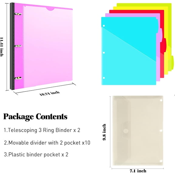 GVDCC-1 Inch Telescoping Project Organizer Binder-2PCS,13 Pocket, Customizable Front Cover, 5 Colors Pocket Divider and Plastic Binder Pocket225 Sheet Capacity-Pink