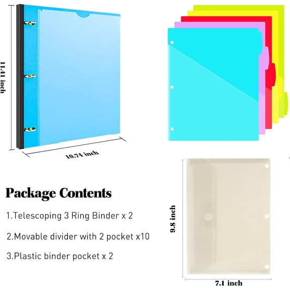 GVDCC-1 Inch Telescoping Project Organizer Binder-2PCS,13 Pocket, Customizable Front Cover, 5 Colors Pocket Divider and Plastic Binder Pocket225 Sheet Capacity-Blue