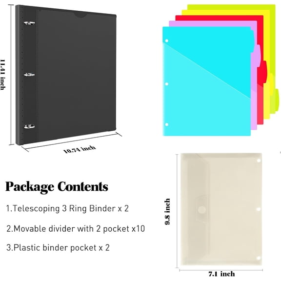 GVDCC-1 Inch Telescoping Project Organizer Binder-2PCS,13 Pocket, Customizable Front Cover, 5 Colors Pocket Divider and Plastic Binder Pocket225 Sheet Capacity-Black