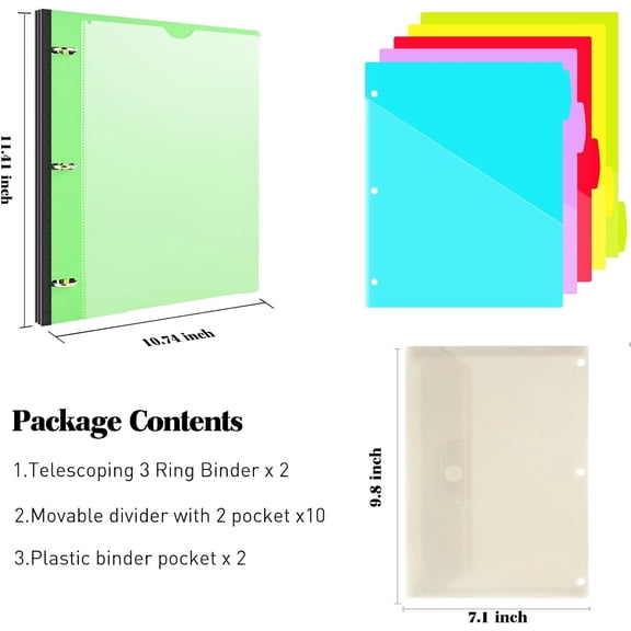 GVDCC-1 Inch Telescoping Project Organizer Binder-2PCS,13 Pocket, Customizable Front Cover, 5 Colors Pocket Divider and Plastic Binder Pocket225 Sheet Capacity-Green