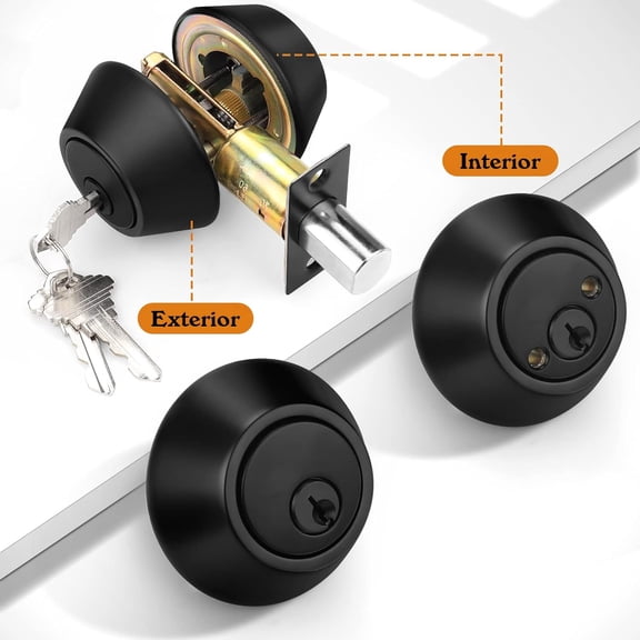 GVDCC-1 Pack Black Double Cylinder Deadbolt Lock Set, Round Keyed Both Side Door Lock for Exterior and Interior Door