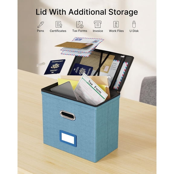 GVDCC-1 Pack File Organizer Boxes with Lids, File Box with Mesh Pockets, Document Organizer Box for Letter Size Folders, Zippers Important Document Organizer (Denim, Without Folders)