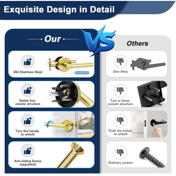 GVDCC-1 Pack Gold Door Handle Interior, Privacy Brushed Gold Door Lever with Lock, 304 Satinless Steels Keyless Door Handle for Bedroom and Bathroom, Reversible for Right & Left