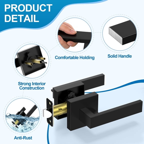 GVDCC-1 Pack Matte Black Door Handles, Passage Door Levers for Hallway & Closet, Interior Keyless Door Knobs Heavy Duty Square Non-Locking Handlesets, Reversible for Left & Right Sided Doors