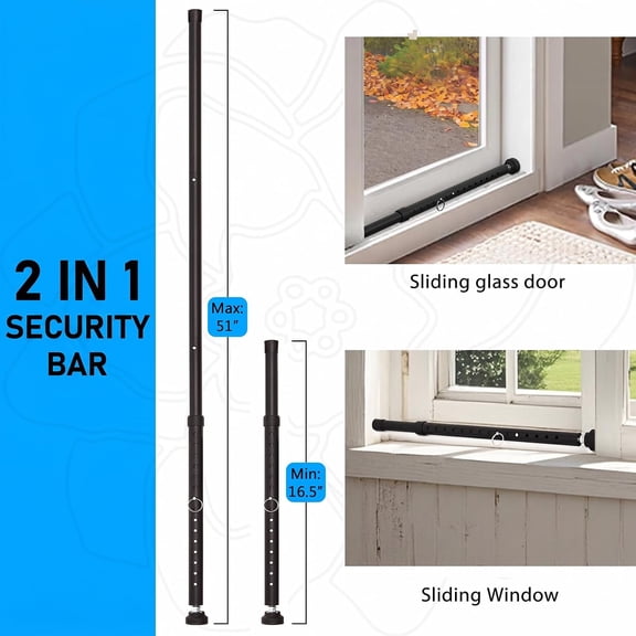 GVDCC-1 Pack Sliding Door Security Bar, 18.5-51 inch Adjustable Patio Door Security bar with Rubber Tips, Multi-use Window Security Bars, Sliding Door Stopper, Black