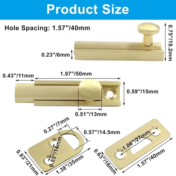 GVDCC-1 Pack Solid Brass 2 Inch Surface Bolt, Brushed Gold Slide Latch Door Lock Bolt, Heavy Duty French Door Lock for Recessed Doors, Flush Gates