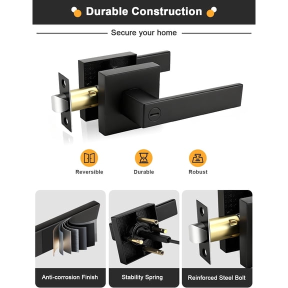 GVDCC-1 Pack Square Privacy Door Levers Locksets in Matte Black Finish, Bed/Bath Door Levers Keyless Interior Handles,Reversible for Left Right Handed Doors