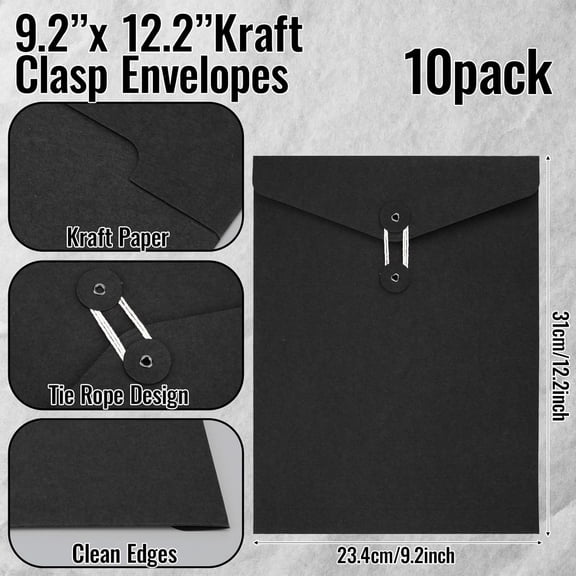 GVDCC-10 Pack Kraft String Envelope File Folder Brown A4 Letter Size Black Paper Folders 12.2 x 9.2 Inch Project Pockets File Jacket Document Organizer with String Button Closure(Vertical)