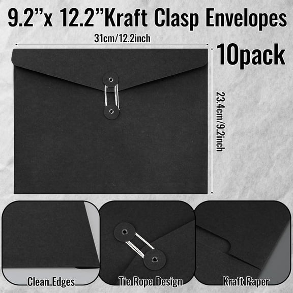 GVDCC-10 Pack Kraft String Envelope File Folder Brown A4 Letter Size Black Paper Folders 9.2 x 12.2 Inch Project Pockets File Jacket Document Organizer with String Button Closure(Horizontal)