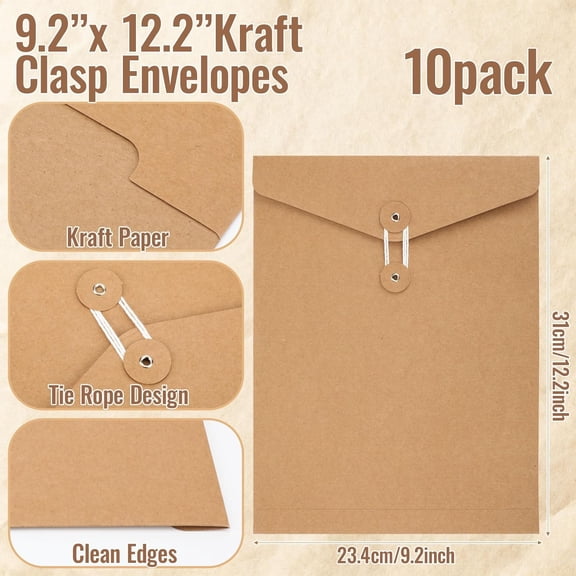 GVDCC-10 Pack Kraft String Envelope File Folder Brown A4 Letter Size Brown Paper Folders 12.2 x 9.2 Inch Project Pockets File Jacket Document Organizer with String Button Closure(Vertical)