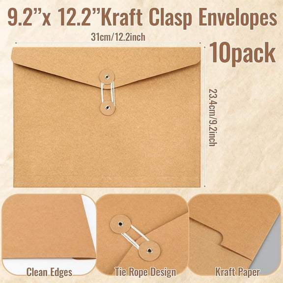 GVDCC-10 Pack Kraft String Envelope File Folder Brown A4 Letter Size Brown Paper Folders 9.2 x 12.2 Inch Project Pockets File Jacket Document Organizer with String Button Closure(Horizontal)