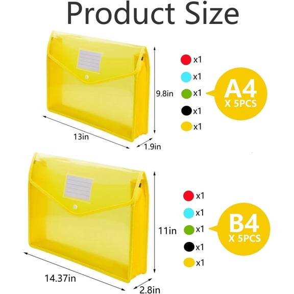 GVDCC-10 Pack Plastic Expanding File Folder, Waterproof Transparent Envelopes Folders with Label Pocket & Snap Closure, No Dividers, Large Capacity, 5 Assorted Colors, Fit Letter - A4 & B4 Size