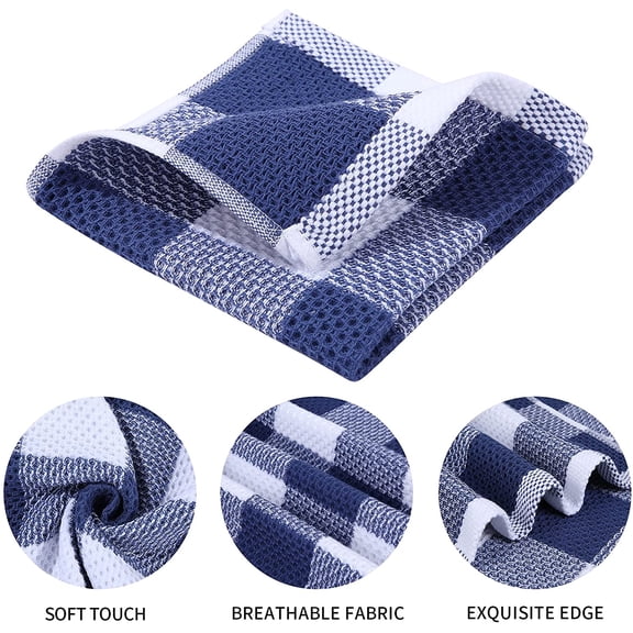 GVDCC-100% Cotton Waffle Weave Plaid Dish Cloths, 12 x 12 Inches, Super Soft and Absorbent Quick Drying Buffalo Check Dish Rags for Kitchen, 6-Pack, White & Navy Blue