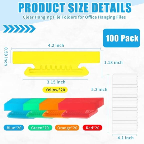 GVDCC-100 Pieces 4 Inch Hanging File Folder Tabs and Inserts Large Clear Plastic Hanging Folder Tabs for Filing Cabinet Folders Labels Back to School Supplies Assorted Colors (100)